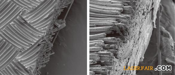图3、机械切割（左图，放大500倍）和光纤激光器切割（右图，放大1200倍）的边缘切割质量比较。