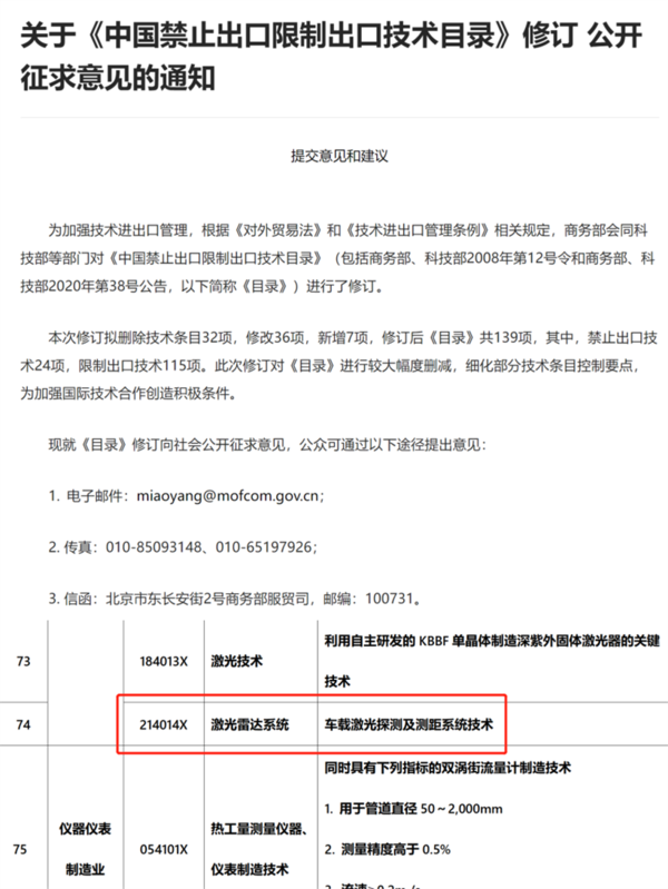 商务部拟将激光雷达等技术列入禁止限制出口目录